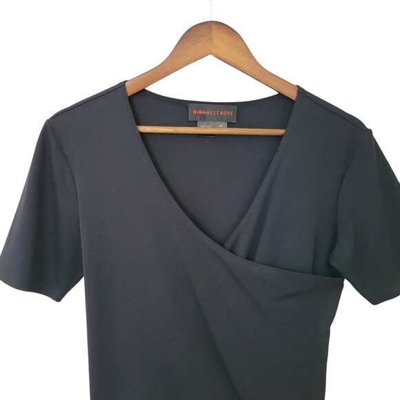 Nina McLemore Faux Wrap Top Womens Size M Black Short-Sleeve Stretch - Picture 3 of 6